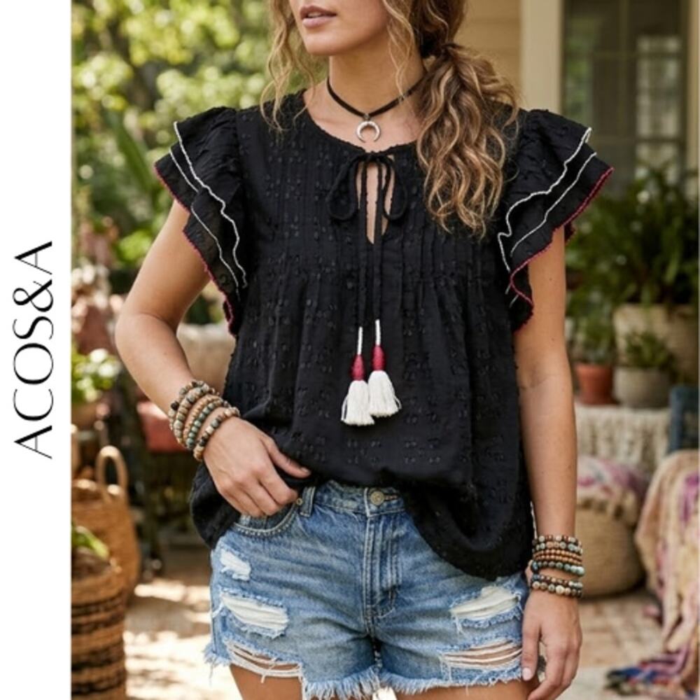 ACOS&A Black Glen Check Tassel Peasant Blouse S